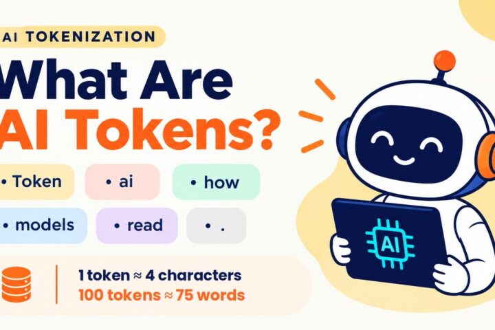 What are AI tokens: a robot holding an AI tablet next to example tokens and the rule of thumb 1 token is about 4 characters, 100 tokens about 75 words