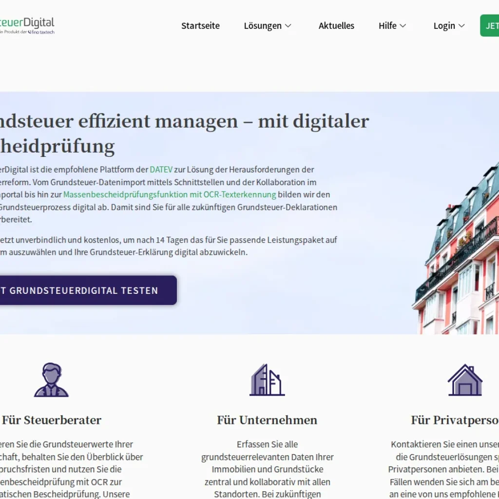 GrundsteuerDigital property tax platform home page, a multi-tenant Laravel SaaS built by Contrive Solutions
