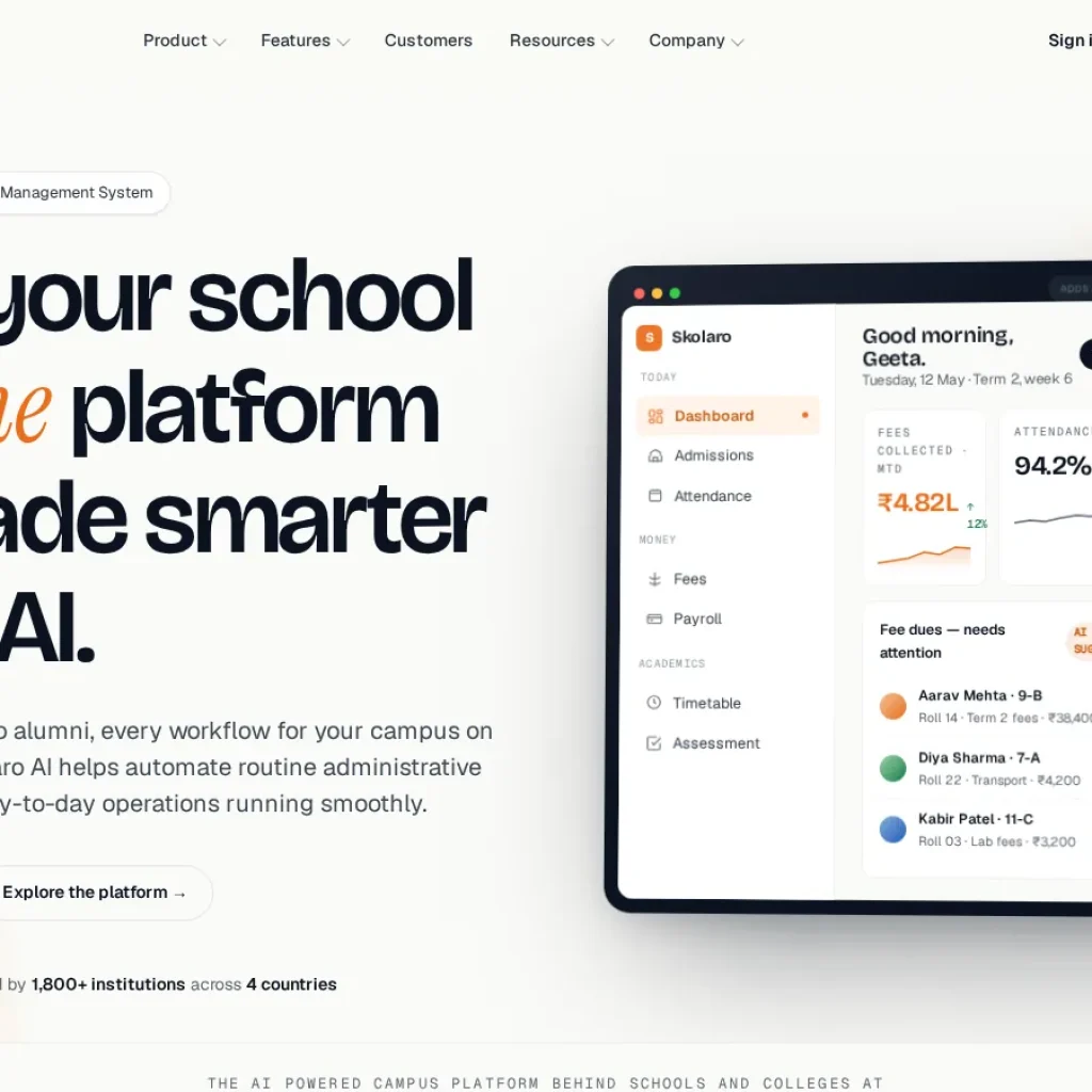Skolaro school management system home page, a Laravel platform built by Contrive Solutions